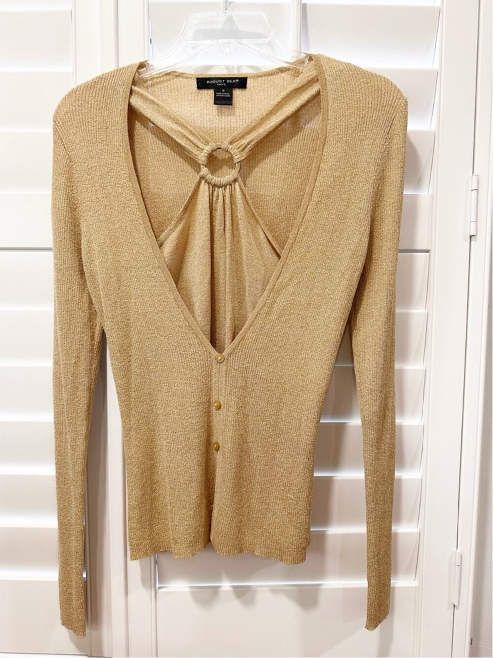 August Silk Gold Shimmer Knit Top Ring Detail V-Neck Button Front Size M Y2K